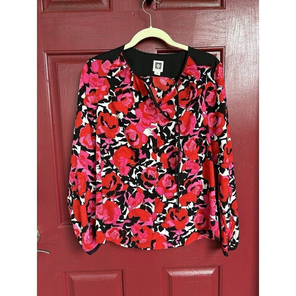 Anne Klein Women’s Size M Pink & Black Floral Dahlia Tie Blouse Top Whimsigoth